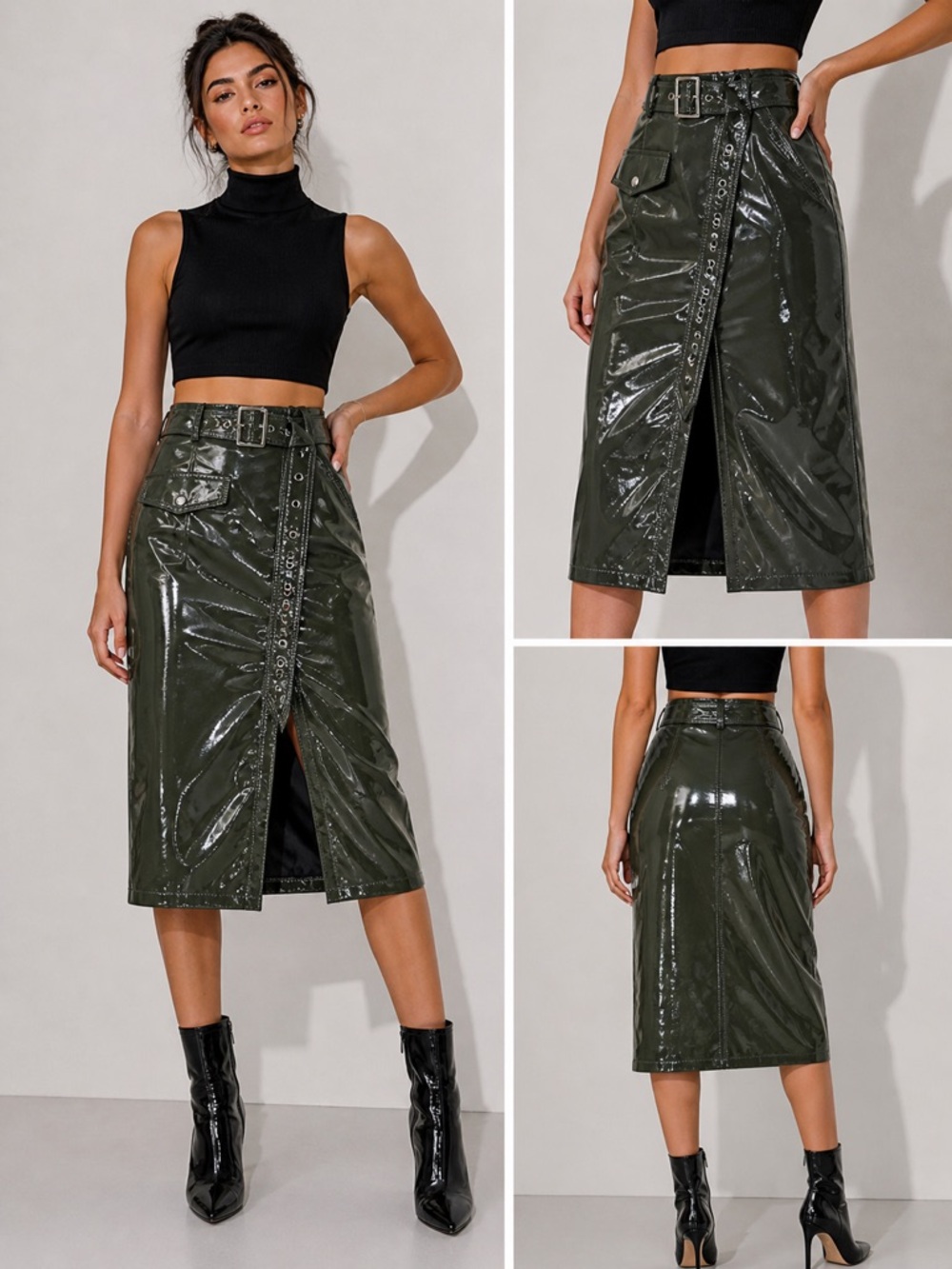 MO&Co. Olive Patent Belted Skirt size M